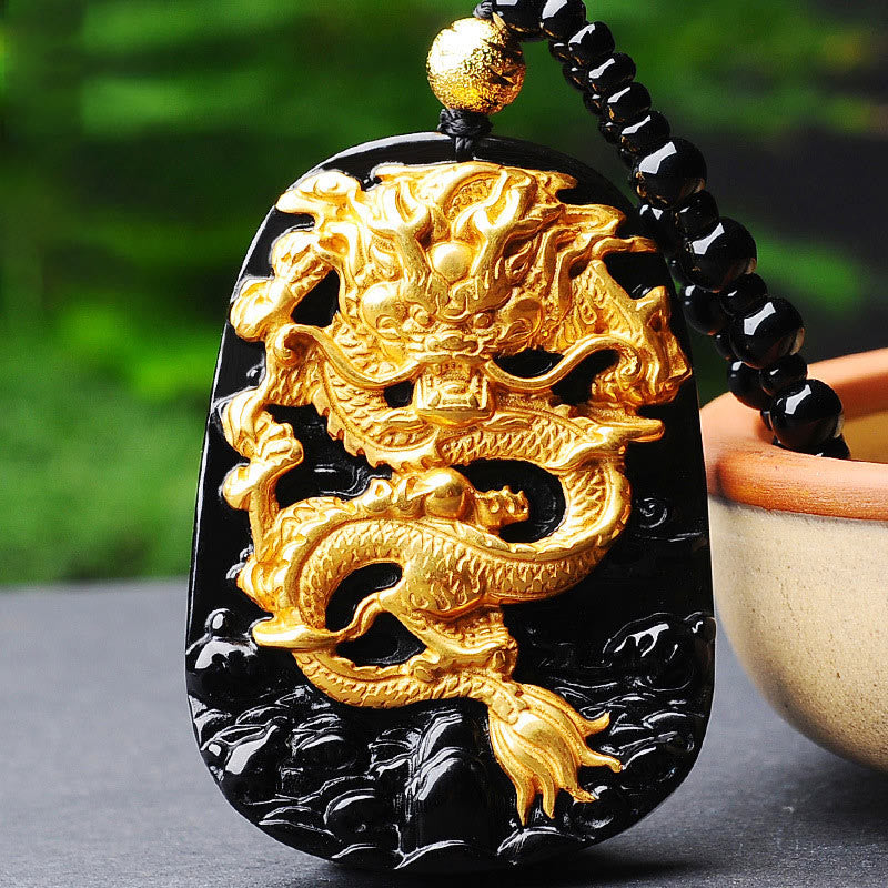 18k Gold-plated Obsidian Dragon Pendant Necklace 52cm