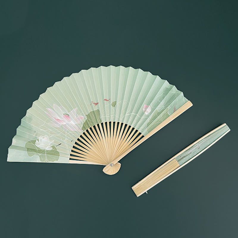 Lotus Flower Chinese Folding Fan with Bamboo & Paper