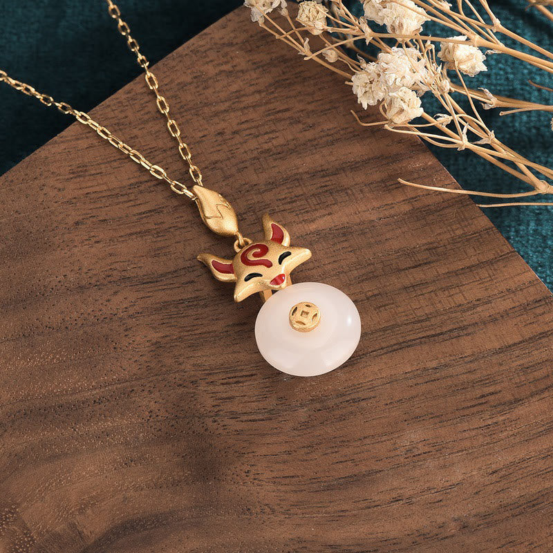 White Jade Protection Necklace with Copper Fox Coin Pendant