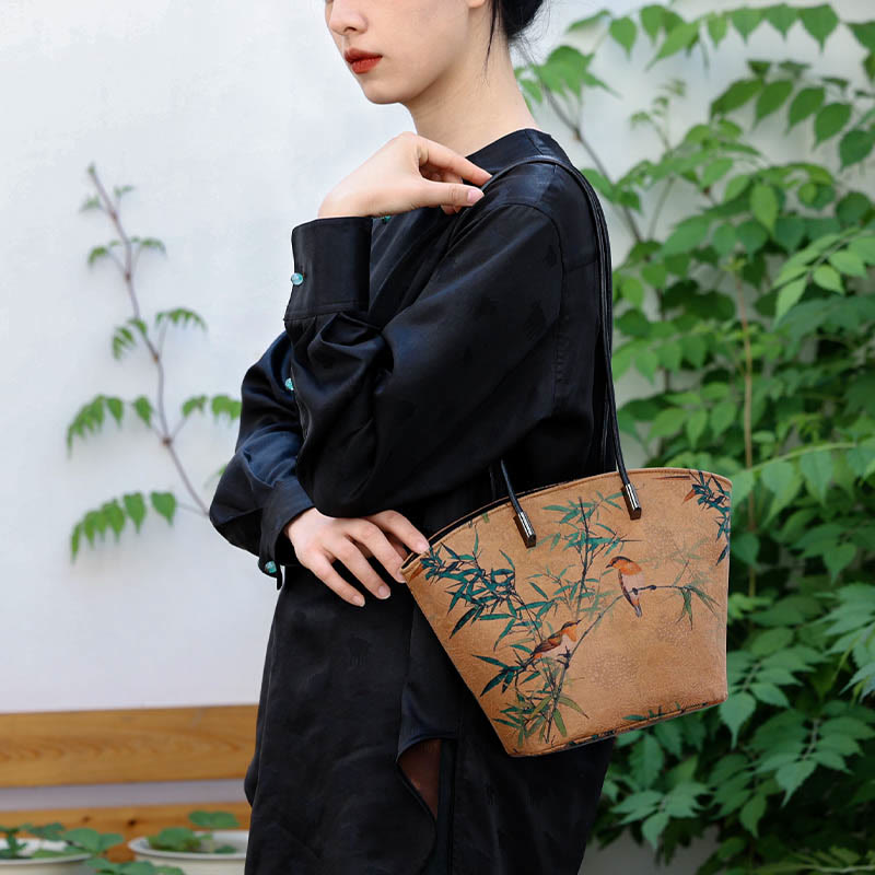 Vintage Bamboo Magpie Large Capacity Shoulder Bag with Peony Butterfly
