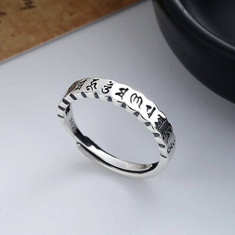 925 Sterling Silver Om Mani Padme Hum Ring | Adjustable Calm Wisdom