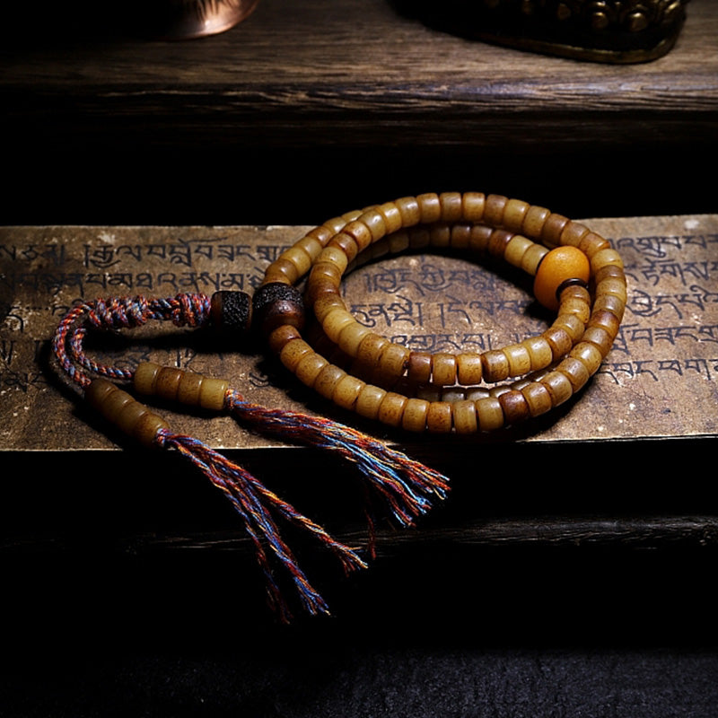 Yak Bone Amber 108 Bead Mala Bracelet for Balance