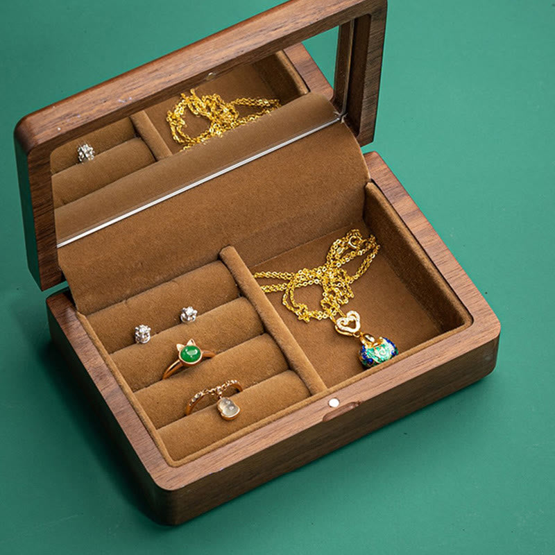 Black Walnut Wood Jewelry Storage Box with Mirror | Zen Decor