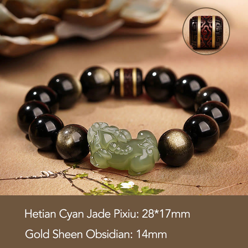 Gold Sheen Obsidian Pixiu Wealth Bracelet 14mm for Men