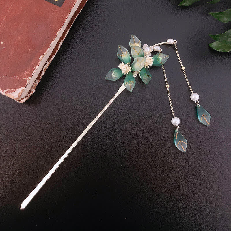 Pearl Flower Leaf Tassel Hairpin for Calm & Wealth