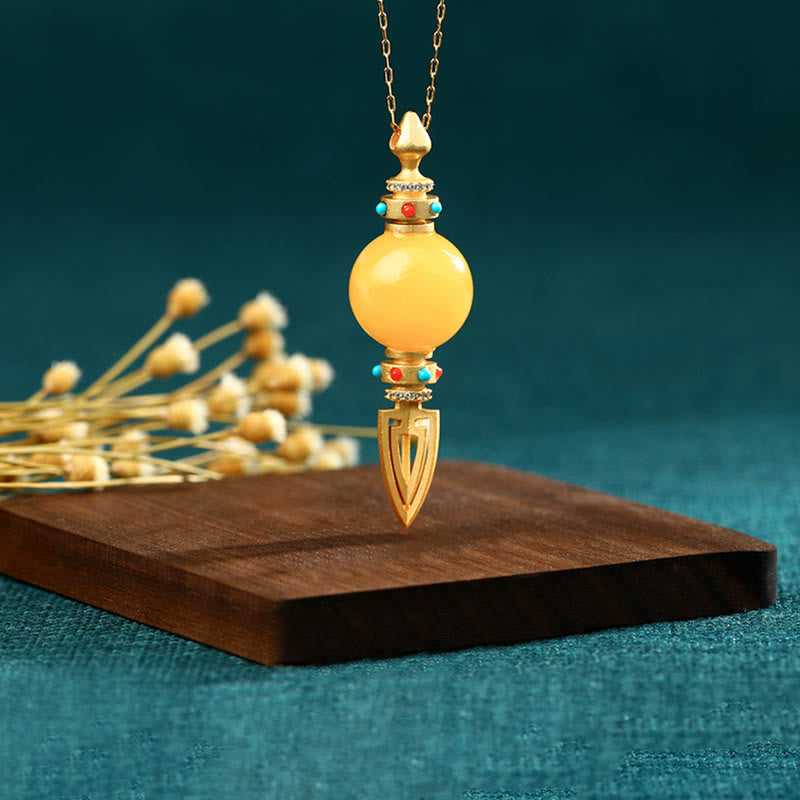 Amber Vajra 24K Gold Plated Spiritual Necklace Pendant
