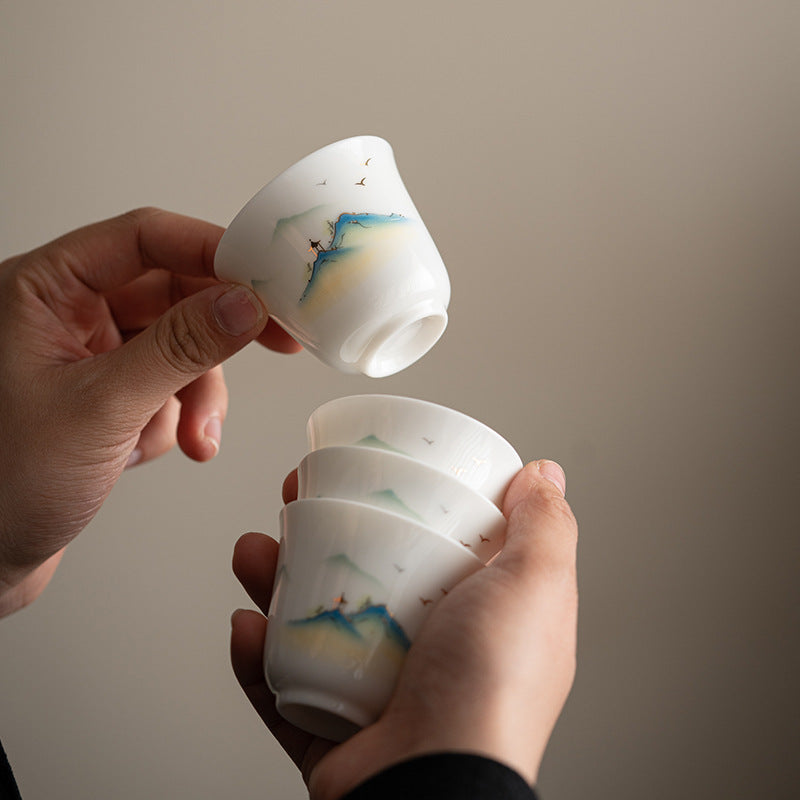 Zen Ceramic Teacup with Lotus Flower and Mountain Design 100ml