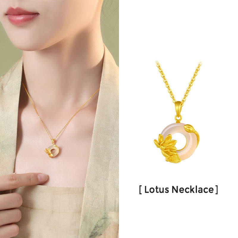 White Chalcedony Peace Buckle Lotus Necklace | Spiritual Harmony