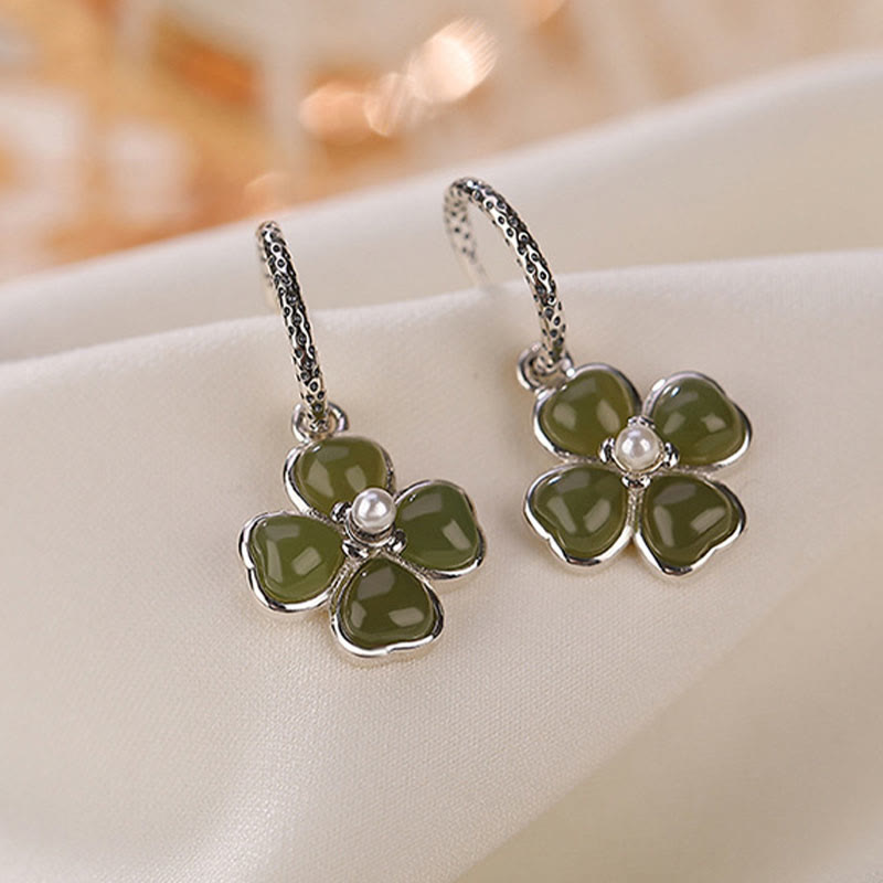 925 Sterling Silver Cyan Jade Four Leaf Clover Luck Earrings