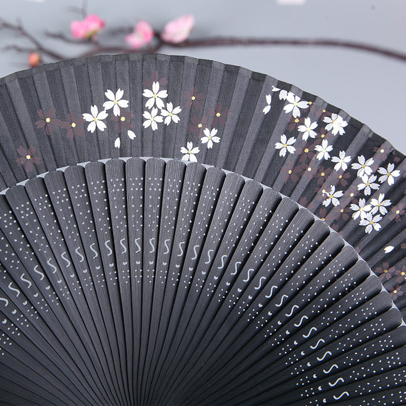 Silk Bamboo Handheld Fan 21cm with Cherry Blossom Sakura