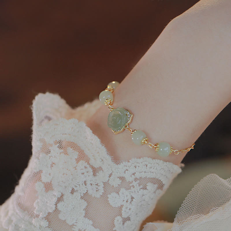 14K Gold Plated Hetian Jade Rose Flower Luck Bracelet