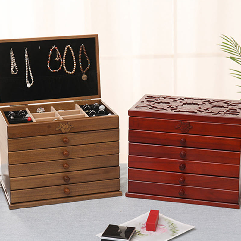 Spacious Six-Layer Vintage Flower Wooden Jewelry Box