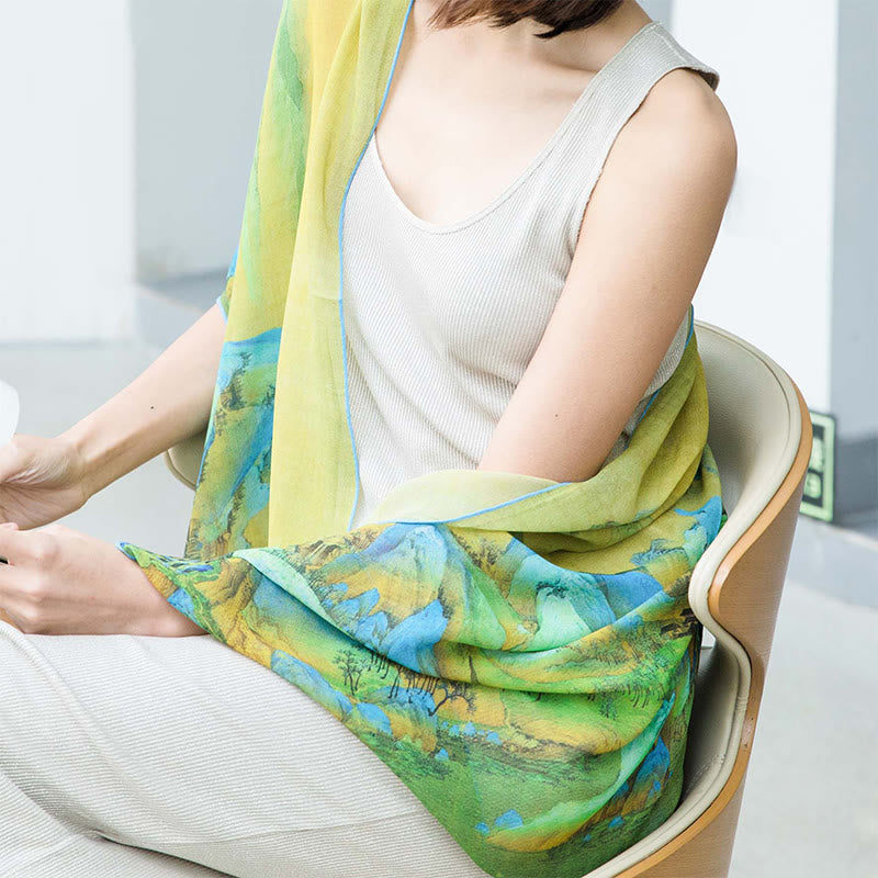 100% Mulberry Silk Tibetan Scarf Panorama of Rivers and Mountains