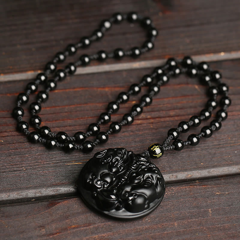 Black Obsidian Pixiu Pendant Necklace for Wealth & Protection
