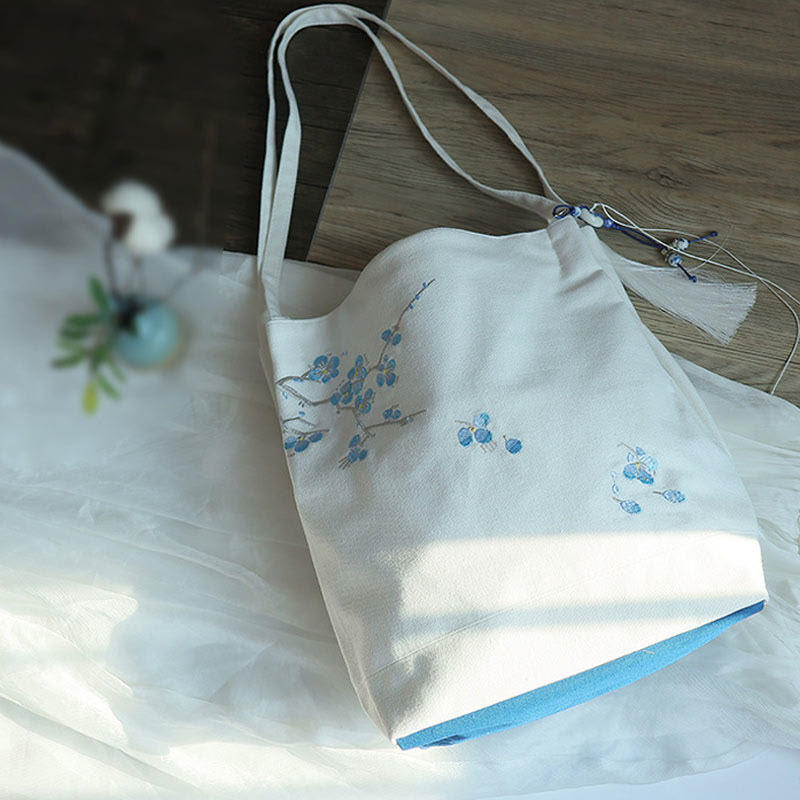 Canvas Tote Bag with Flower Crane & Plum Blossom Embroidery
