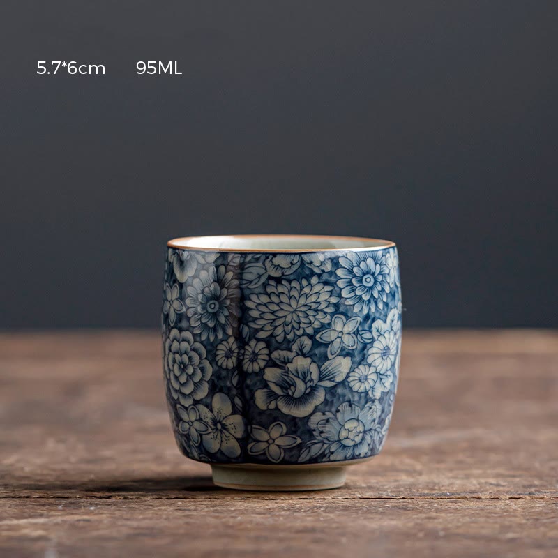 Ceramic Zen Tea Cup with Blue Lotus & Chrysanthemum Design 95ml