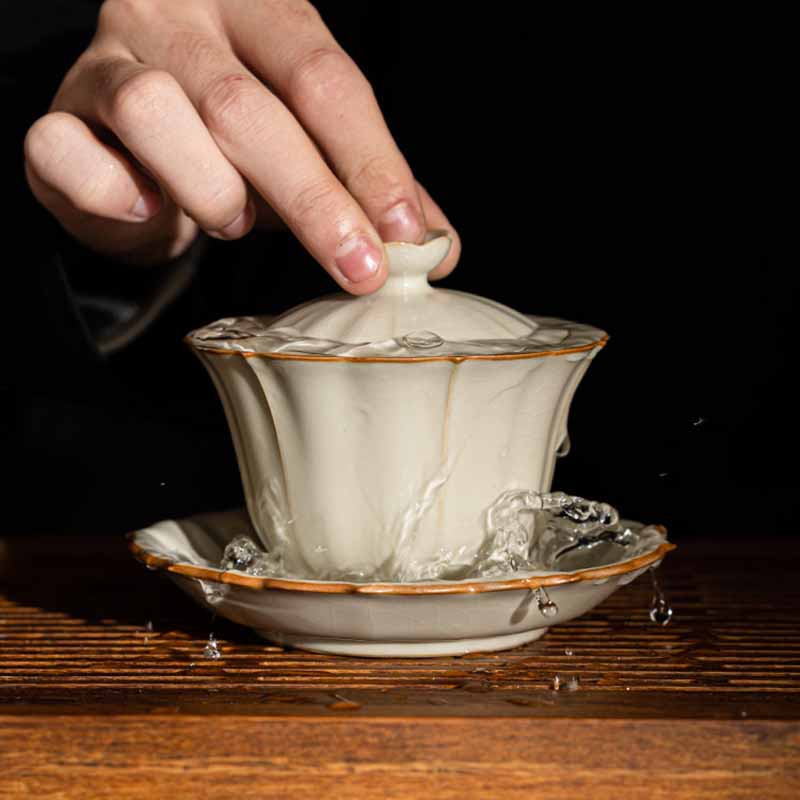 Beige Ceramic Gaiwan with Plum Blossom Design 120ml Tea Set