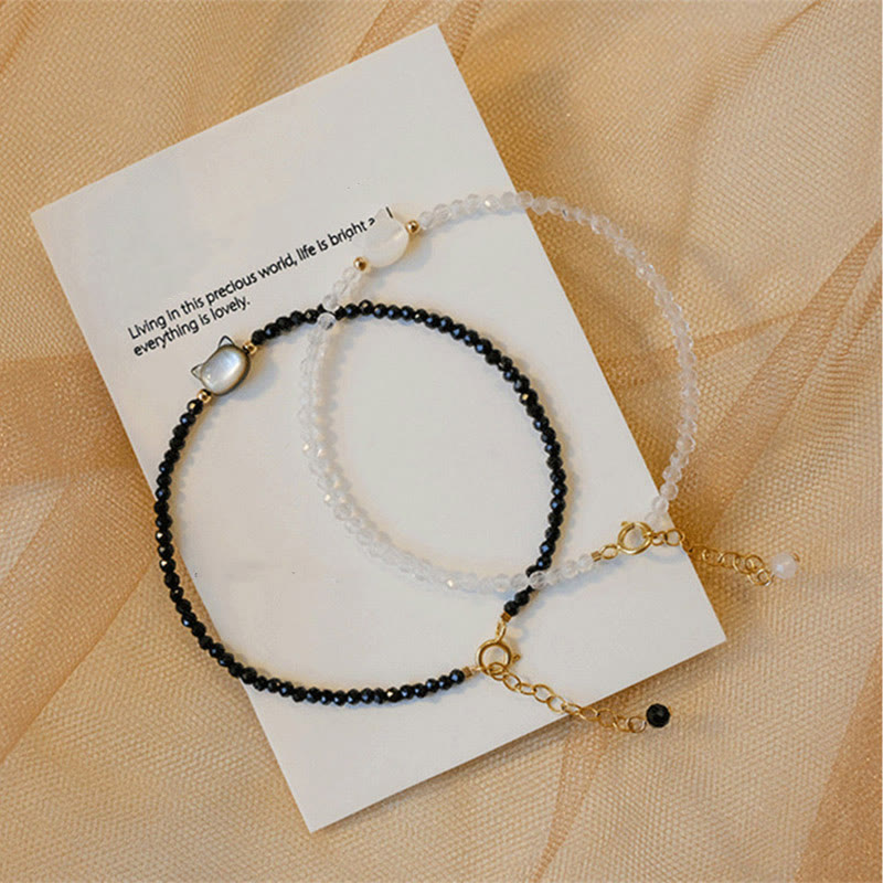 Clear Quartz Bracelet with White Crystal & 14K Gold Plated Healing Cat Charm