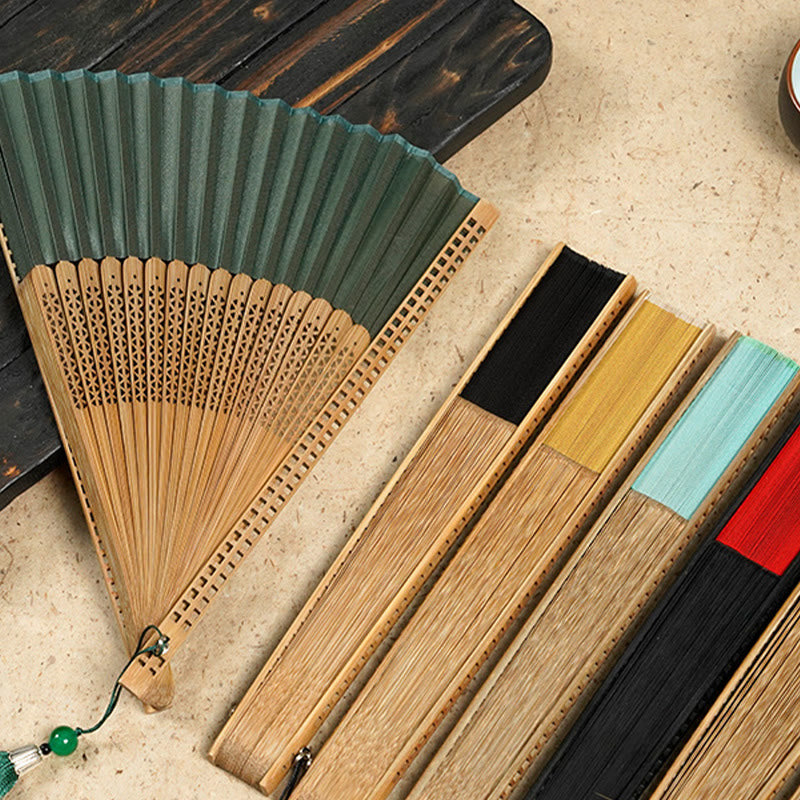 Vintage Chinese Folding Fan | Bamboo & Polyester Handheld Fan