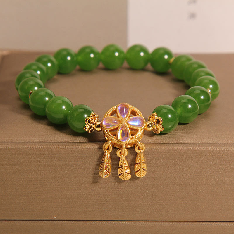 8mm Green Jade Dreamcatcher Four Leaf Clover Bracelet
