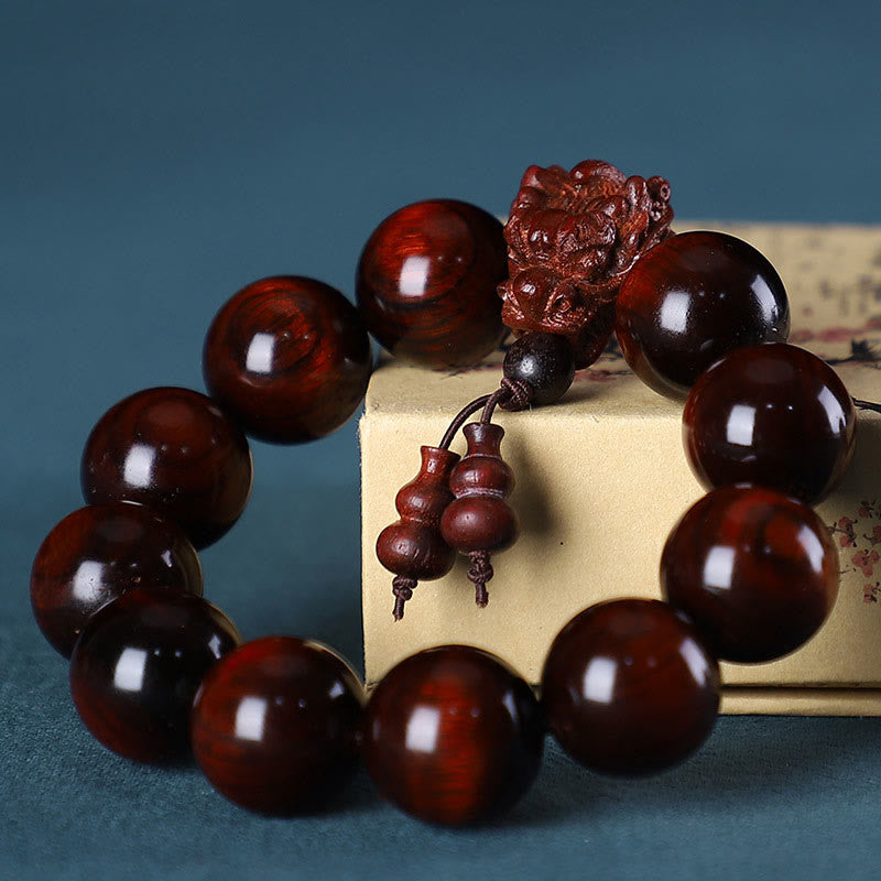 Dragon Carved Protection Bracelet in Rosewood & Sandalwood 20mm Beads