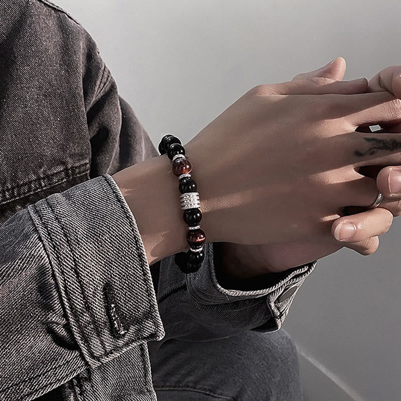 Obsidian Bracelet 10mm with Tiger Eye for Strength & Balance