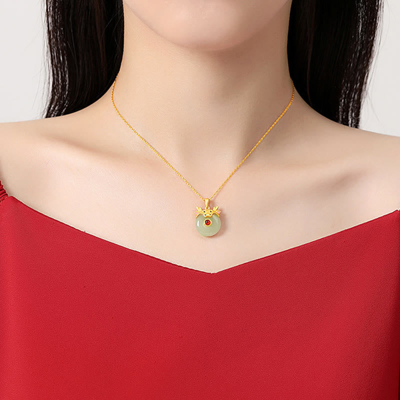 925 Sterling Silver Hetian Jade Dragon Necklace for Luck & Protection