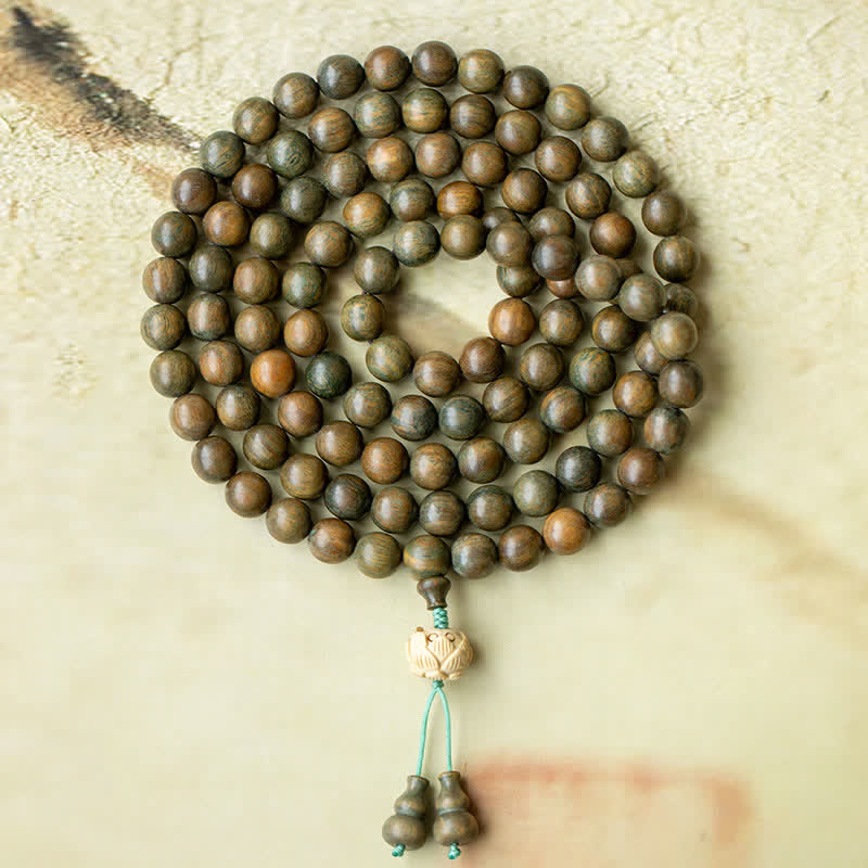108 Wood Mala Beads Bracelet Green Sandalwood Lotus Beads