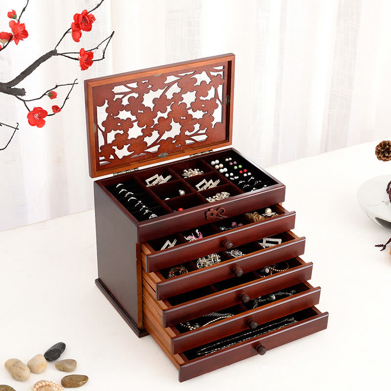 Six-Layer Wooden Jewelry Box with Vintage Plum Blossom Carvings