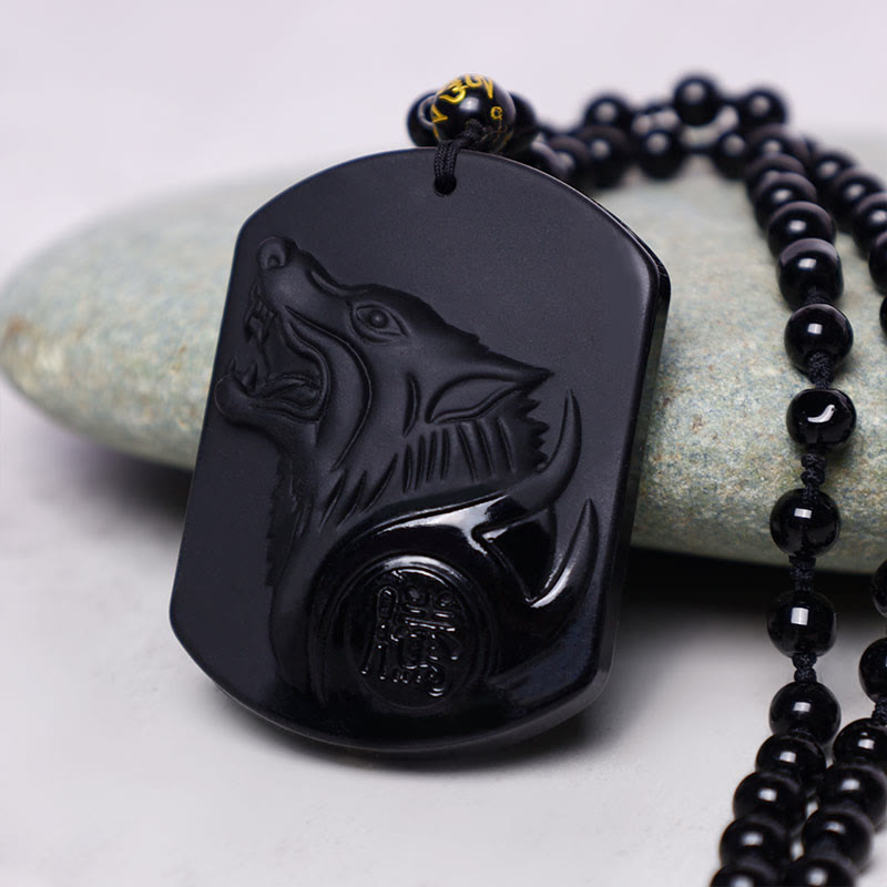 Black Obsidian Wolf Purification Pendant Necklace