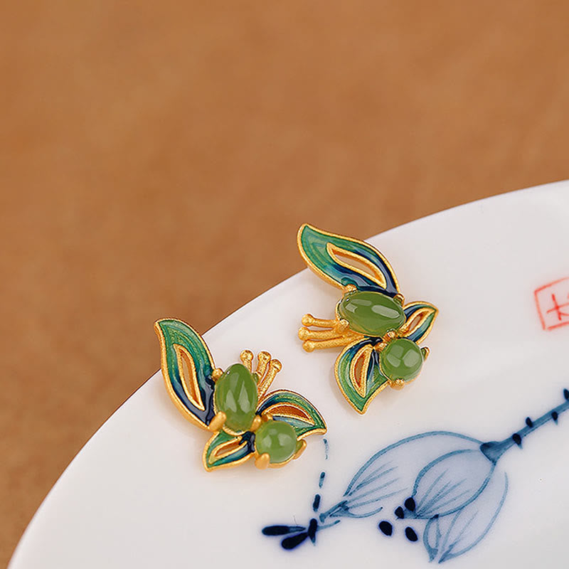 925 Sterling Silver Gold Plated Cyan Jade Butterfly Earrings