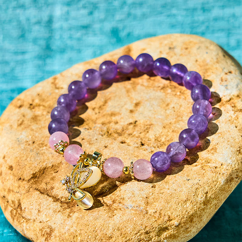 8mm Amethyst Strawberry Quartz Butterfly Charm Bracelet