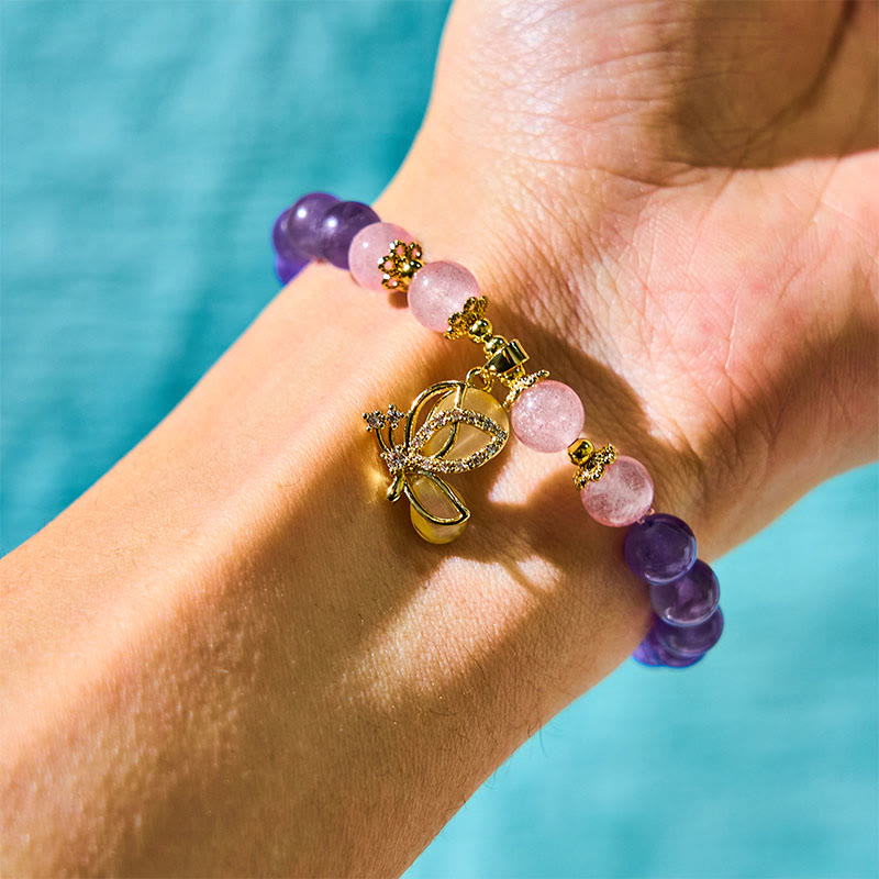 8mm Amethyst Strawberry Quartz Butterfly Charm Bracelet