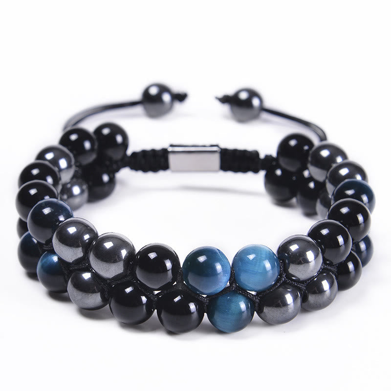 8mm Blue Tiger Eye Bracelet with Black Obsidian & Magnetite