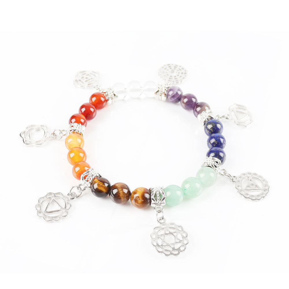 8mm Chakra Bracelet with Silver Ornaments for Healing