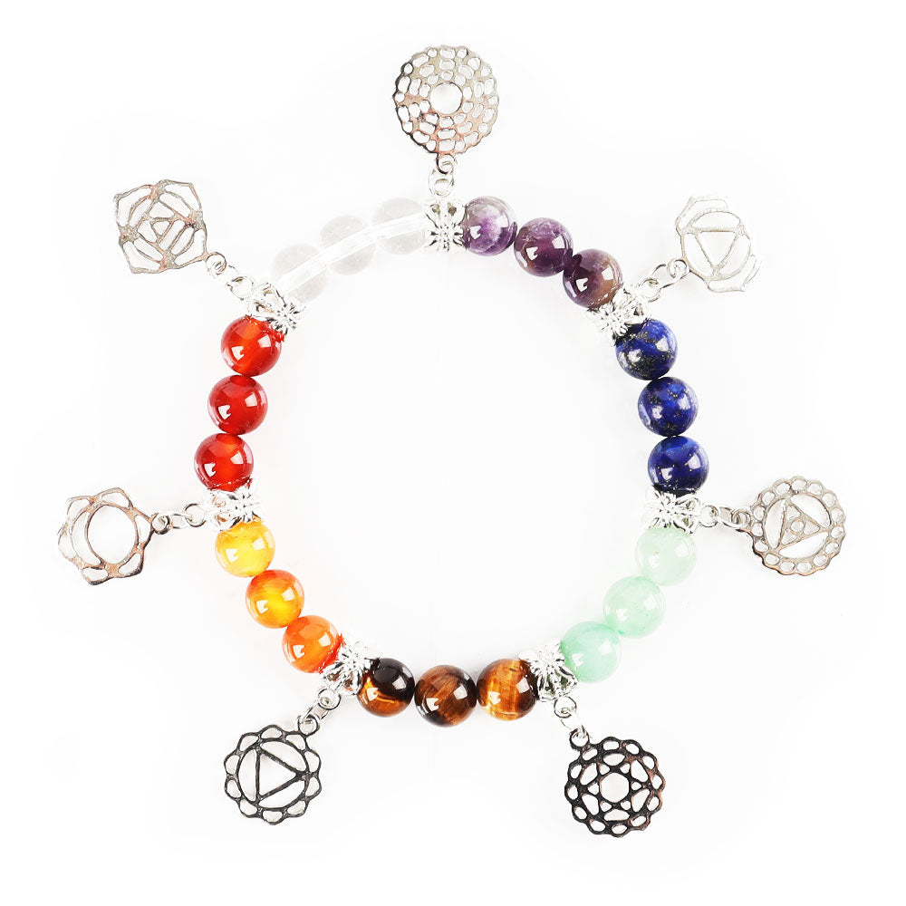 8mm Chakra Bracelet with Silver Ornaments for Healing