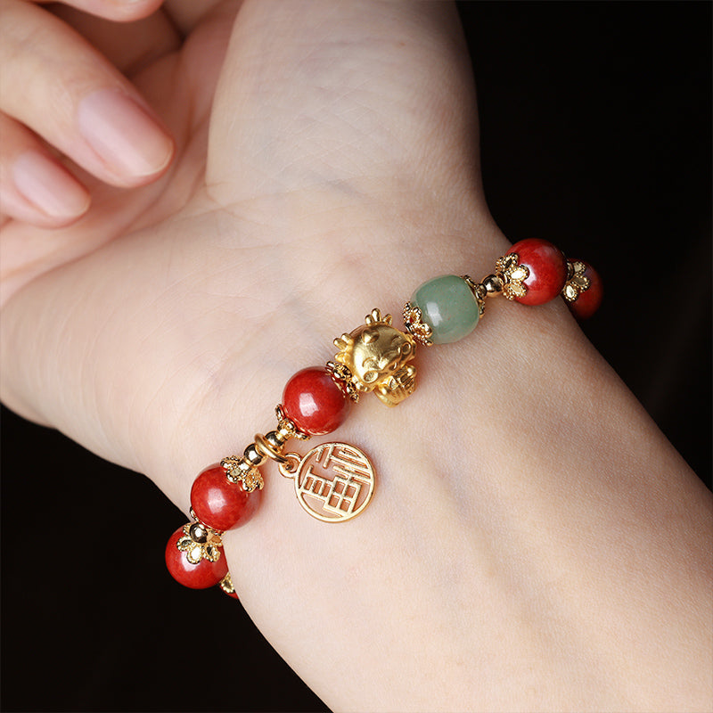 8mm Cinnabar Fu Character Blessing Bracelet Dragon Year