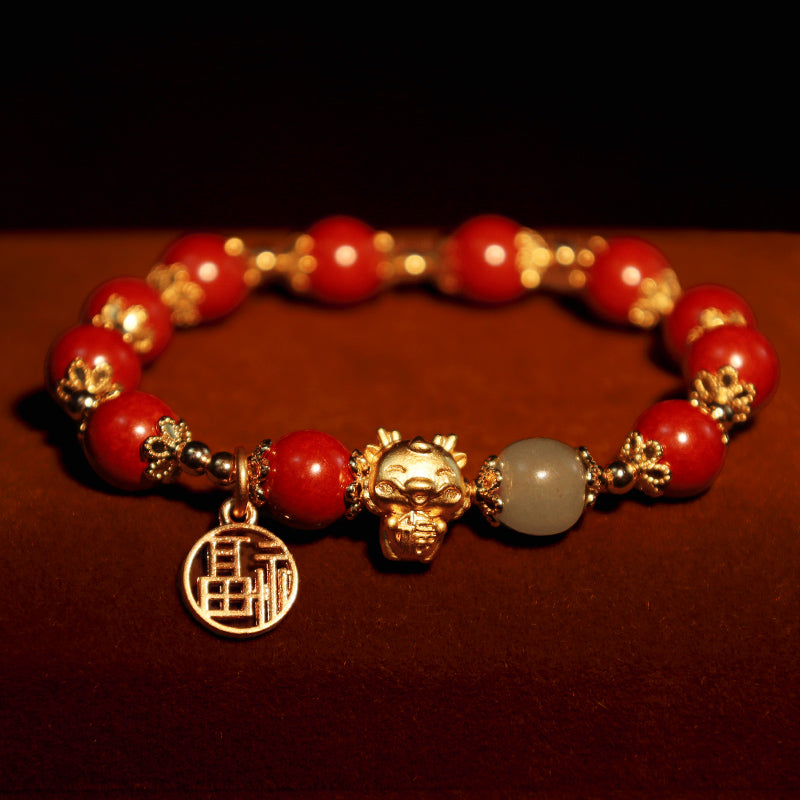 8mm Cinnabar Fu Character Blessing Bracelet Dragon Year