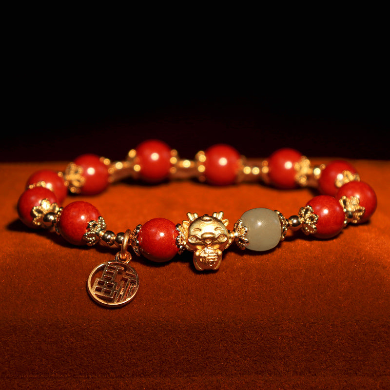 8mm Cinnabar Fu Character Blessing Bracelet Dragon Year