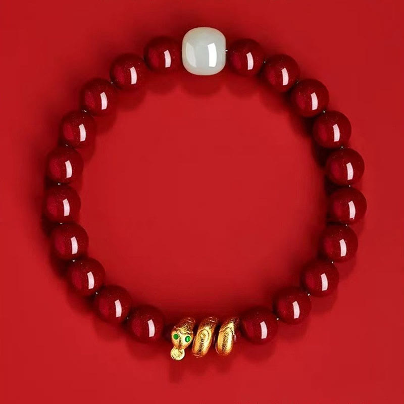 8mm Cinnabar Hetian Jade Snake Year Bracelet for Spiritual Protection