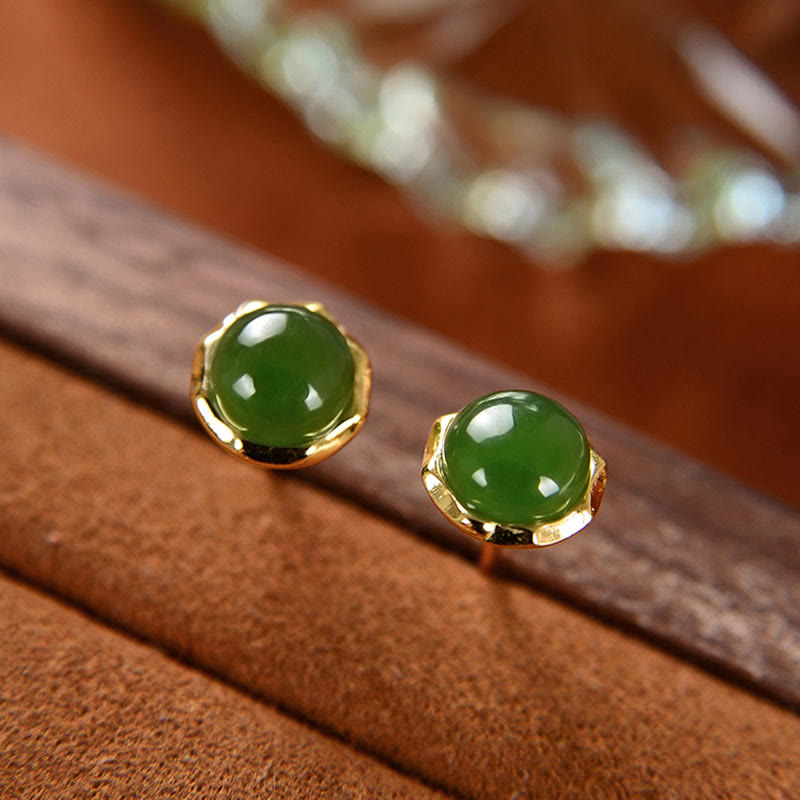 8mm Cyan Jade Stud Earrings in Sterling Silver Gold Plated for Luck