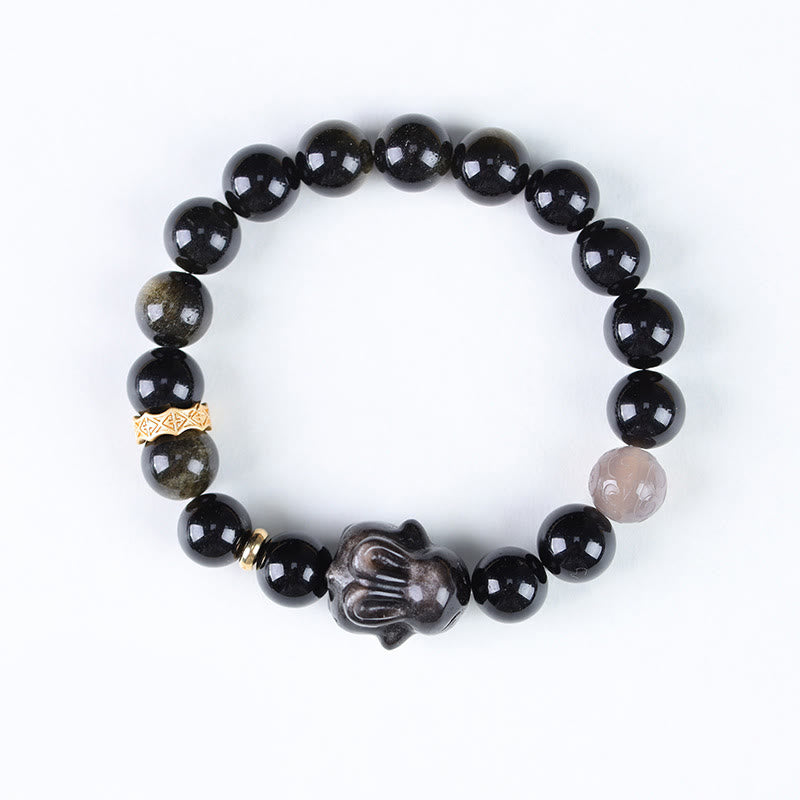 8mm Gold Sheen Obsidian Protection Bracelet with Rabbit Charm
