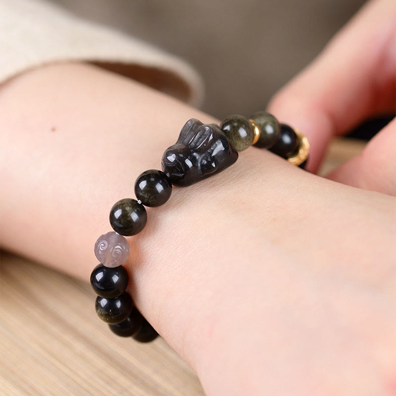 8mm Gold Sheen Obsidian Protection Bracelet with Rabbit Charm