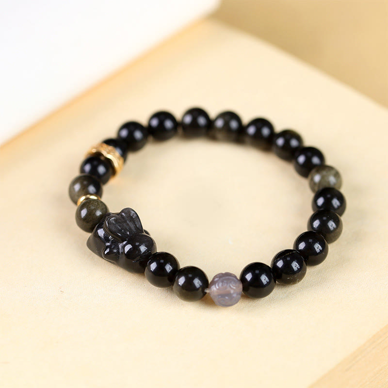 8mm Gold Sheen Obsidian Protection Bracelet with Rabbit Charm