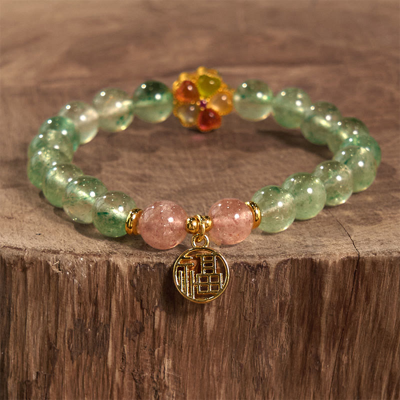 8mm Green Strawberry Quartz Fu Character Bracelet for Soothing Calm