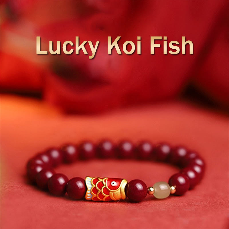 8mm Hetian Jade Blessing Bracelet with Cinnabar Koi Fish