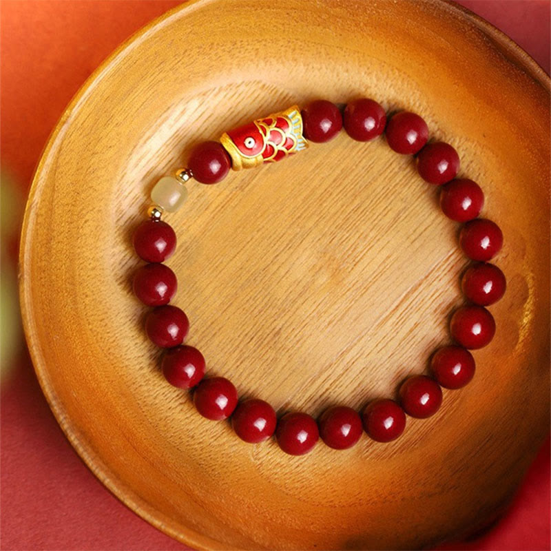 8mm Hetian Jade Blessing Bracelet with Cinnabar Koi Fish