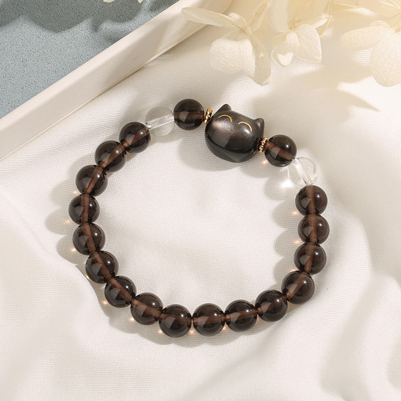 8mm Ice Obsidian Cat Charm Positive Unisex Bracelet