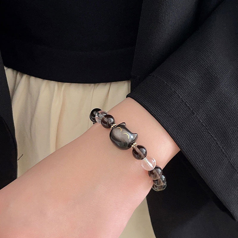 8mm Ice Obsidian Cat Charm Positive Unisex Bracelet