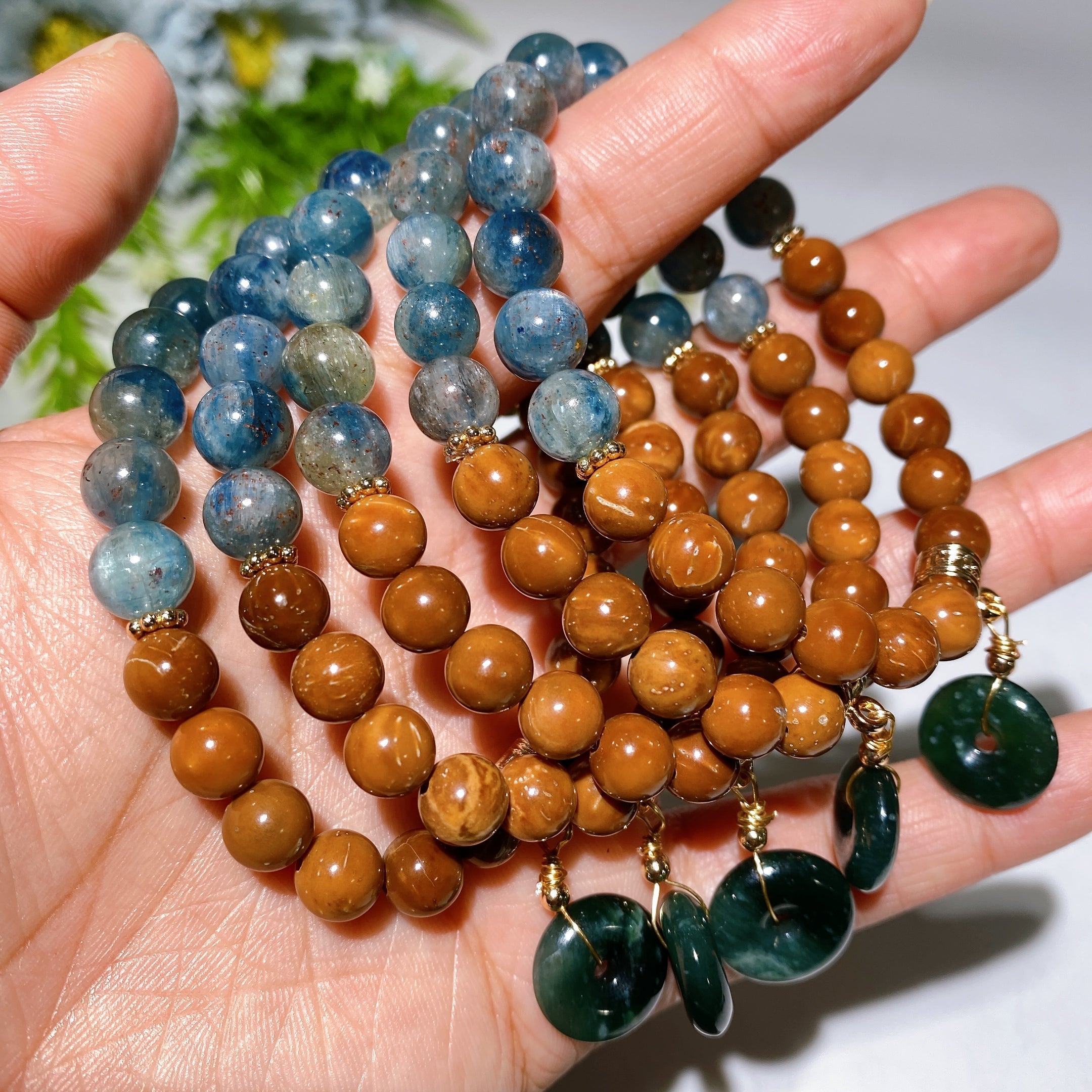 8mm Kyanite and Jade Healing Bracelet with Wood Accent